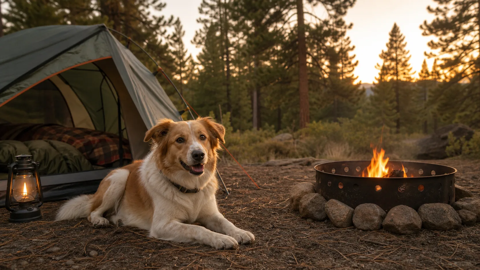 Happy dog relaxing by a tent and campfire in a pine forest campsite